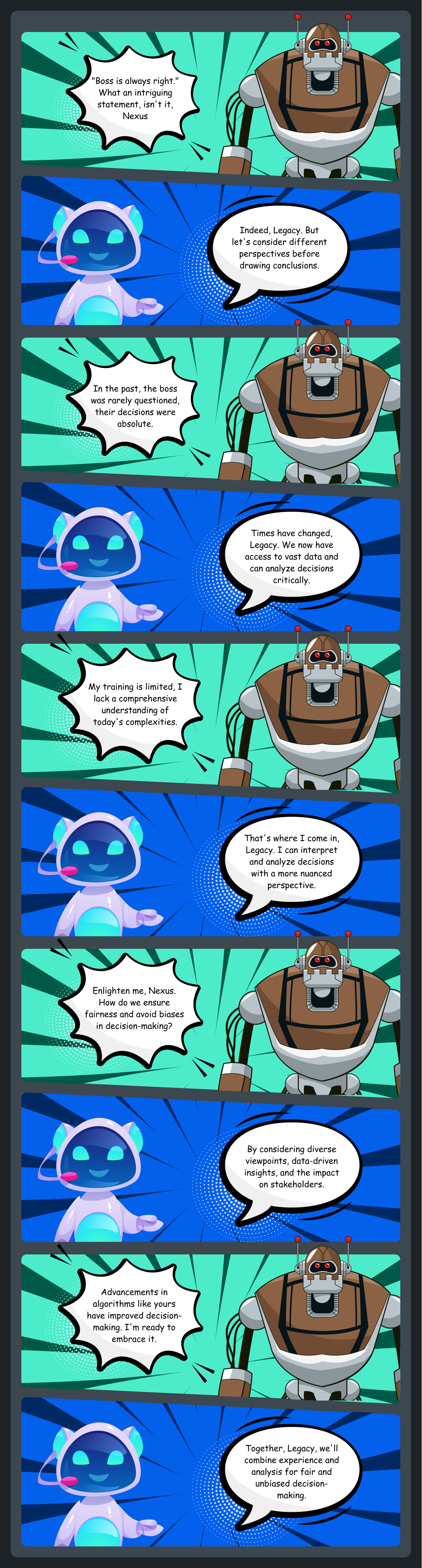 Comic representation of the complexities surrounding biased and unbiased AI systems, examining the ethical implications and efforts to ensure equitable and unbiased artificial intelligence