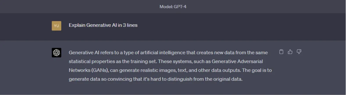 Asking ChatGPT to explain generative AI in 3 sentences