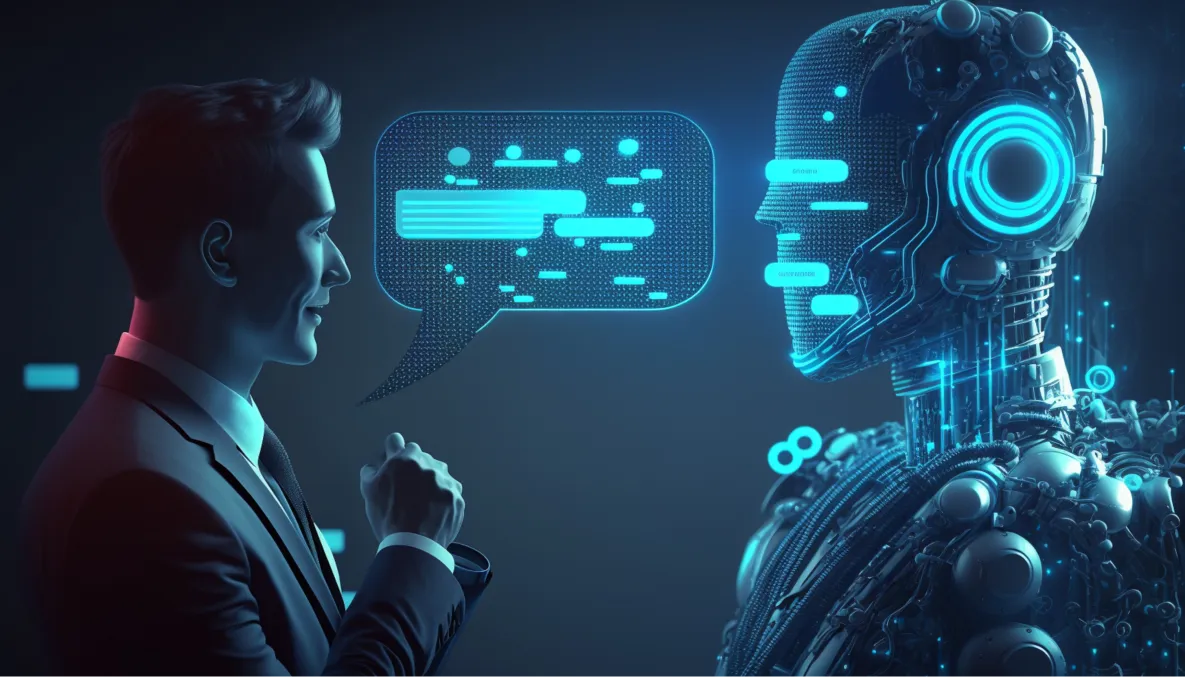 An image of person speaking to a robot created by generative AI