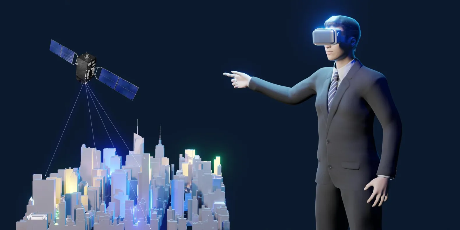 A 3D model in metaverse with AR head-mounted display pointing at satellite over the cityscape.