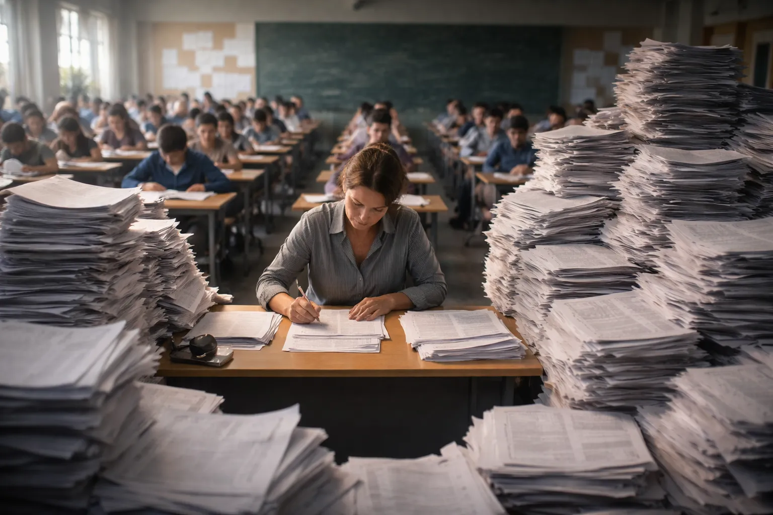 teacher surrounded by exam papers